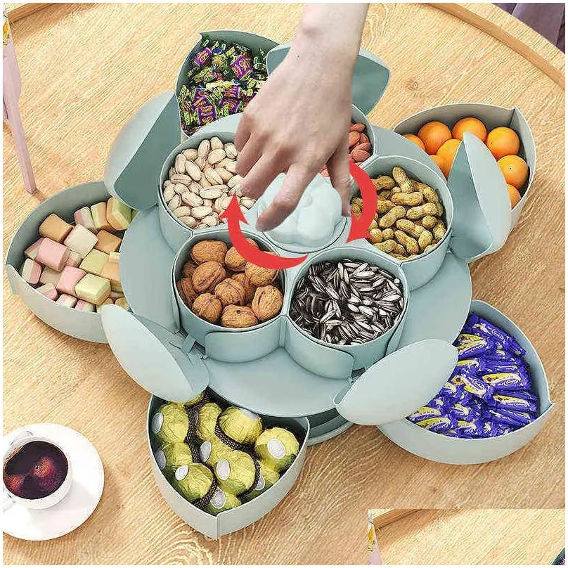 Storage Boxes & Bins Petal-Shape Rotating Candy Box Snack Nut Flower Fruit Plate Food Storage Case Two-Deck Dried Organizer 211102 Dro Dhuaa