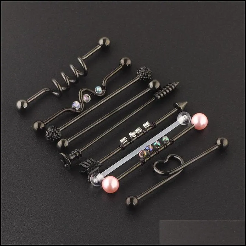 9pc 14g industrial barbell navel piercing ear cartilage helix stud straight long bar earring body jewelry women 1223 e3