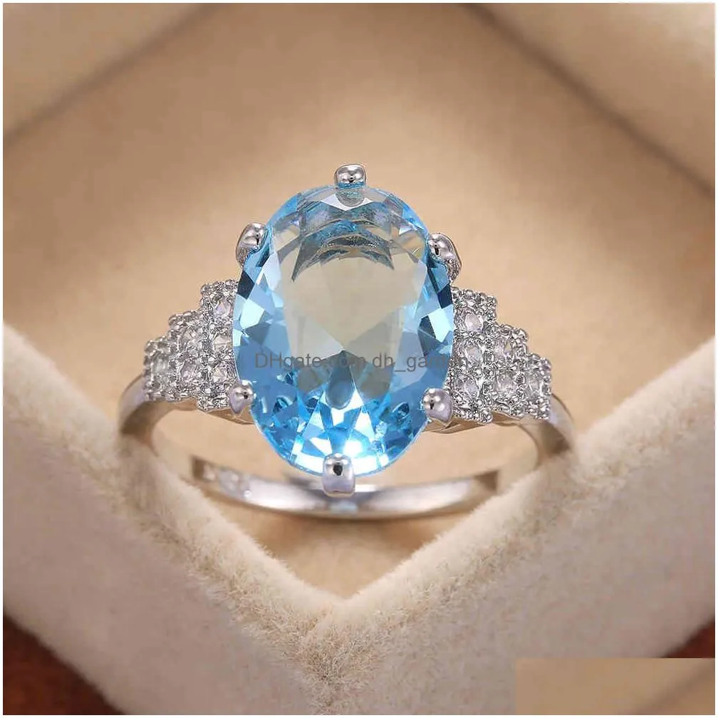 Band Rings Huitan Female Light Sky Blue Wedding Ring Solitaire Band Oval Stone Engage Party Women Luxury Jewelry Shine Cz Be Dhgarden Otbx3