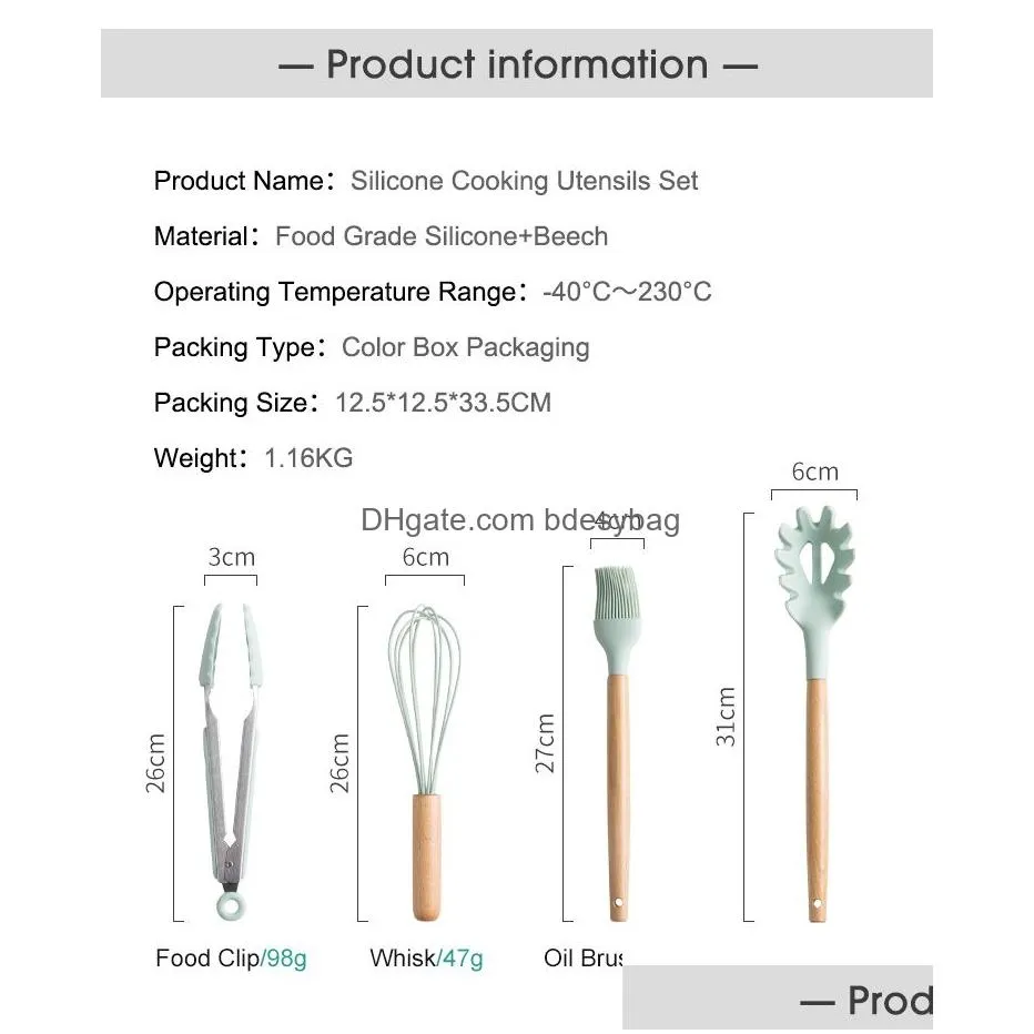 Cooking Utensils Creative Sile Cooking Utensils Set Non-Stick Spata Shovel Wooden Handle Tools With Storage Box Kitchen Tool Accessori Dhmu8