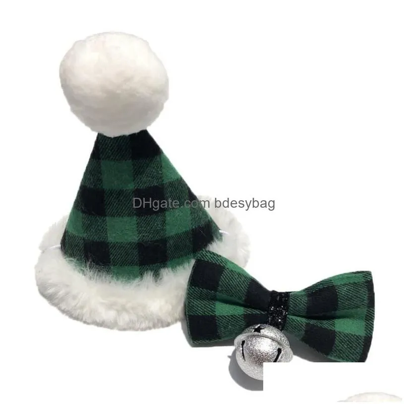 Dog Apparel Plaid Dog Apparel Hats With Bowknot Cat Birthday Costume Design Headwear Hat Christmas Party Pet Accessories 2Pcs/Set Drop Dhbmd