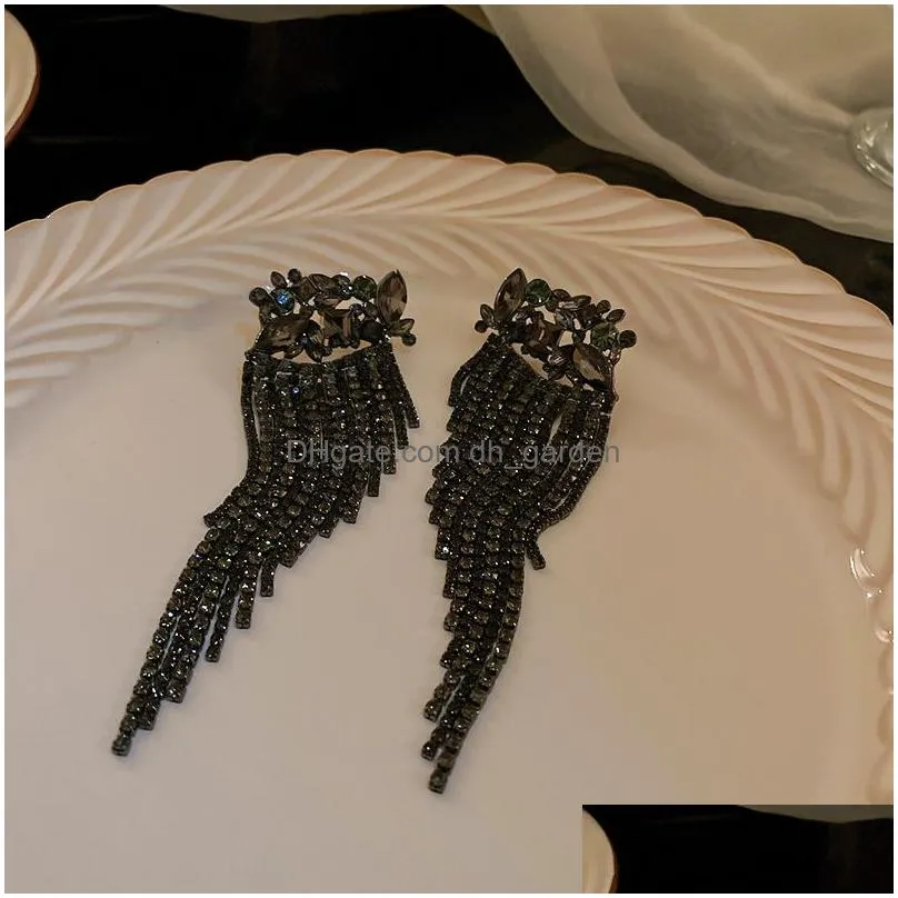 Dangle & Chandelier New Long Tassel Geometric Drop Earrings For Women Black Flowers Crystal Dangle Statement Jewelry Drop De Dhgarden Otryz