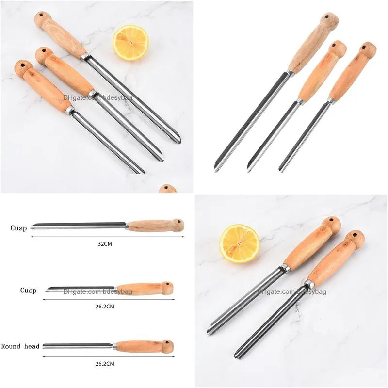 stainless steel pointed coconut opener with wooden handle shell opener punching tool lx5297