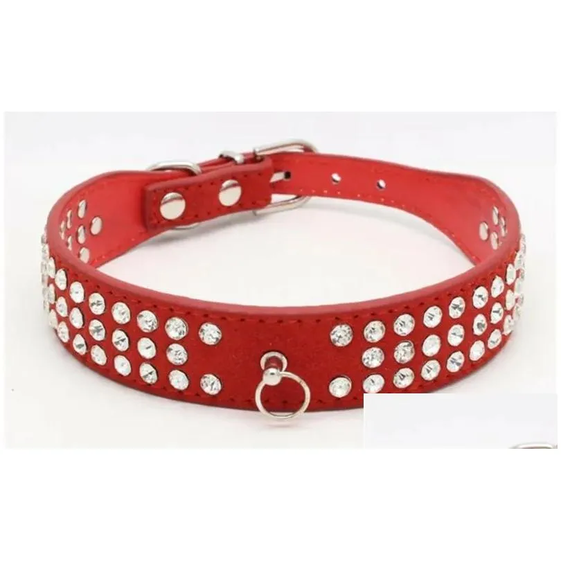 personalized length suede skin jeweled rhinestones pet dog collars three rows crystal diamonds studded puppy dog collar
