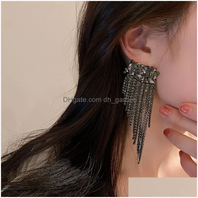 Dangle & Chandelier New Long Tassel Geometric Drop Earrings For Women Black Flowers Crystal Dangle Statement Jewelry Drop De Dhgarden Otryz