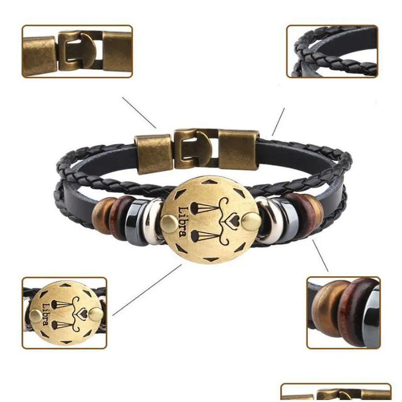 charm bracelets 12 constellation woven leather bracelet for women men vintage punk braided antifatigue alloy jewelry gift wholesale