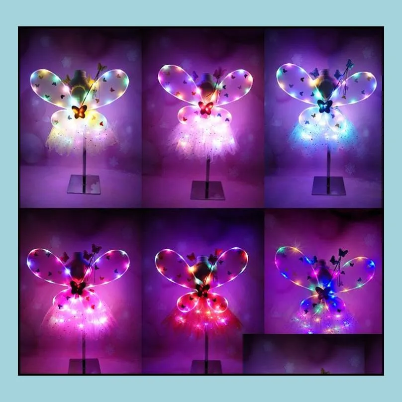 girl led butterfly wings set with glow tutu skirt fairy wand headband fairy princess light up party carnival costume gift 28t