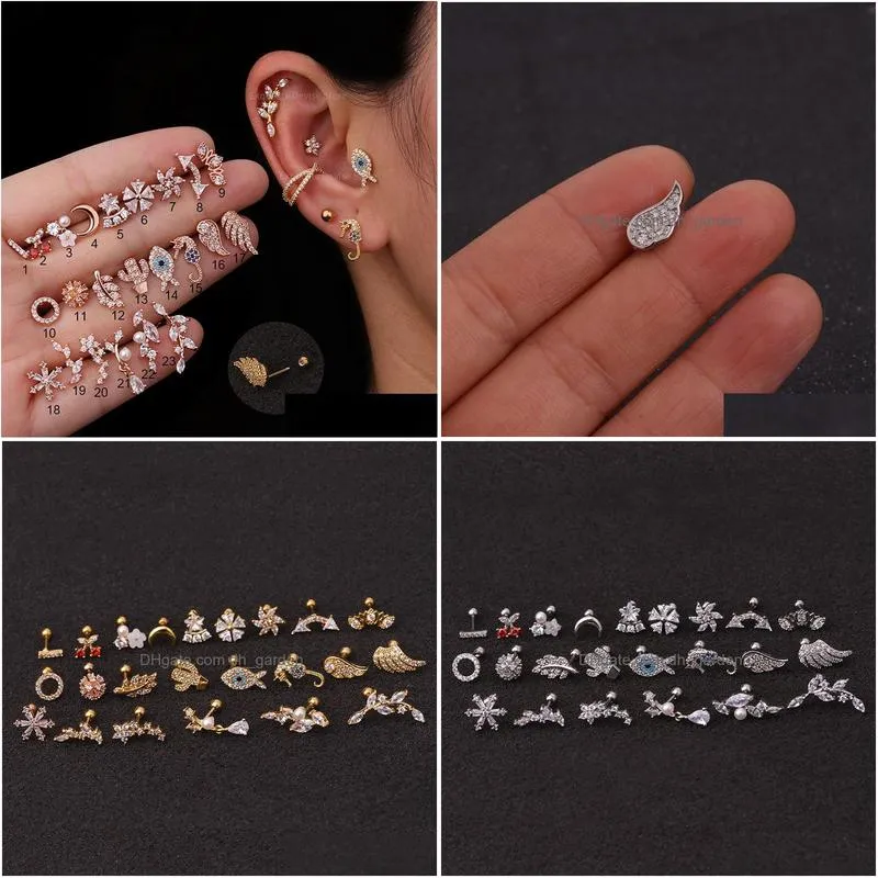 Stud 1Pc Rose Gold Stainless Steel Helix Fashion Animal Plant Cz Ear Lobe Tragus Daith Cartilage Screw Back Earring Stud Dro Dhgarden Othoq