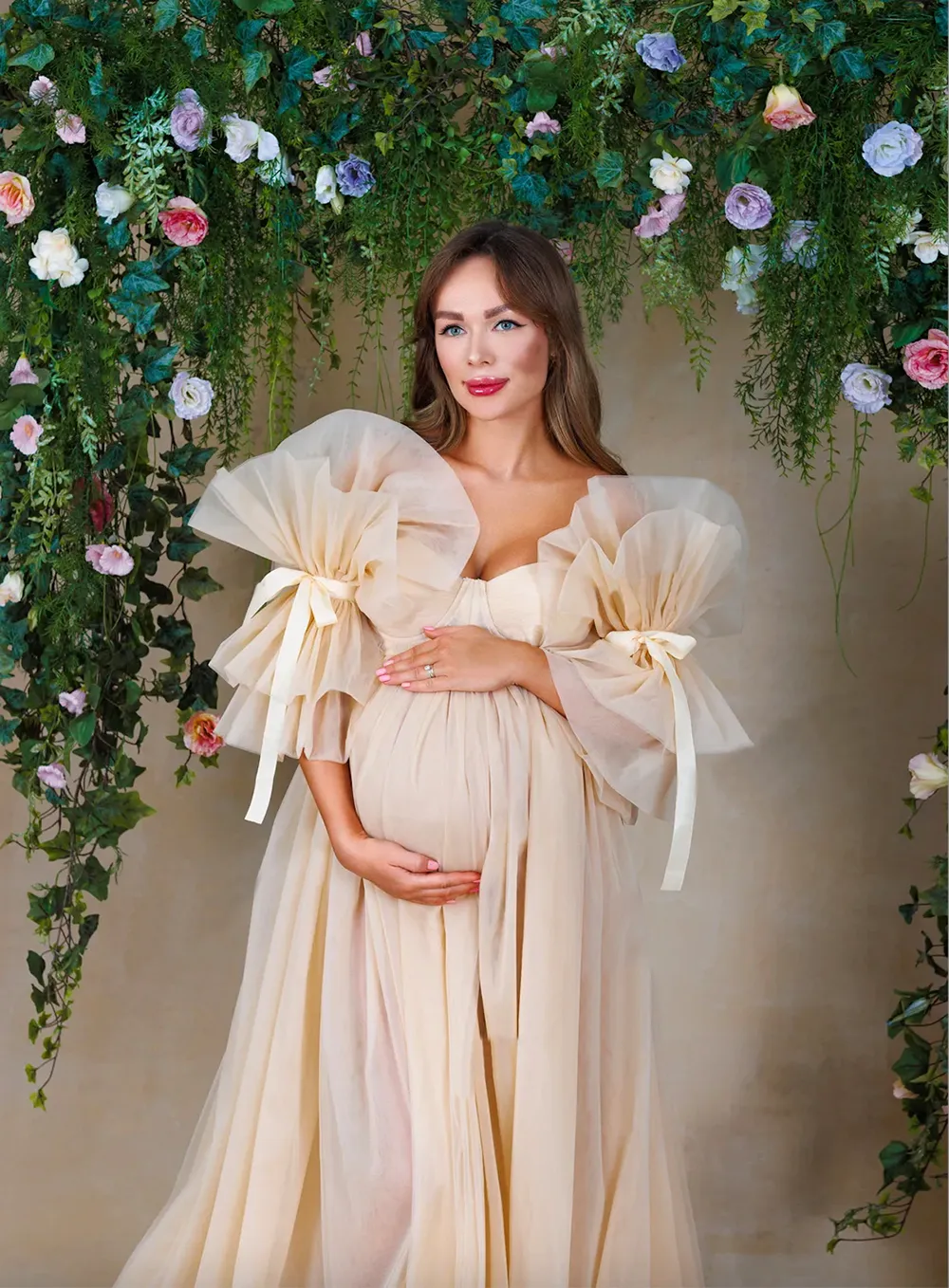 Ruffle Puff Sleeve Maternity Dresses Boho Floor Length Prom Gown Sweetheart Tulle Photoshoot Boudoir Lingerie
