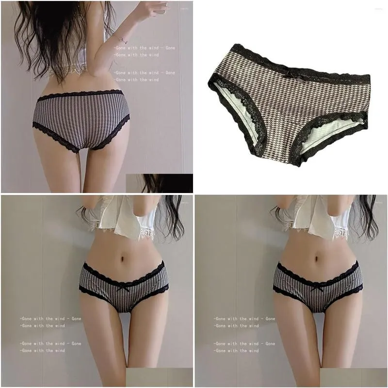 Women`s Panties Japanese Luxury Houndstooth Design Underwear Low Waist Lace Bow Silky Girl Briefs Seamless