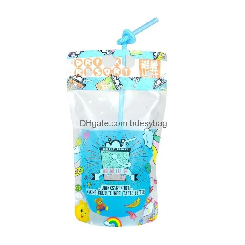 100pcs/lot 500ml cute design stand up plastic drink packaging bag pouch for beverage water juice milk coffee with hole handle lz1078