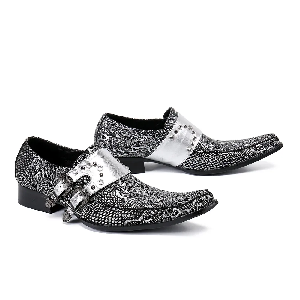 Christia Bella Italian Silver Print Real Leather Party Men Dress Shoes Fashion Rivets Buckle Formal Shoes Business Man Brogues