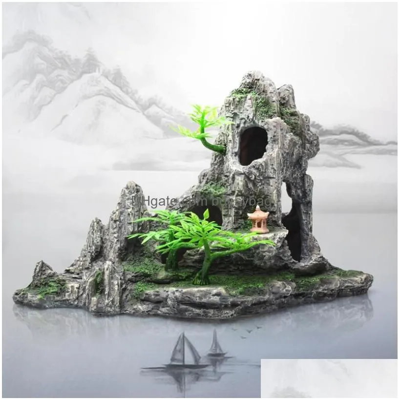 Decorations Mti-Style Ornaments Rockery Decorations Aquarium Artificial Resin Stone Landsca Simation Moss Fish Live Aquariums Accessor Dhejs