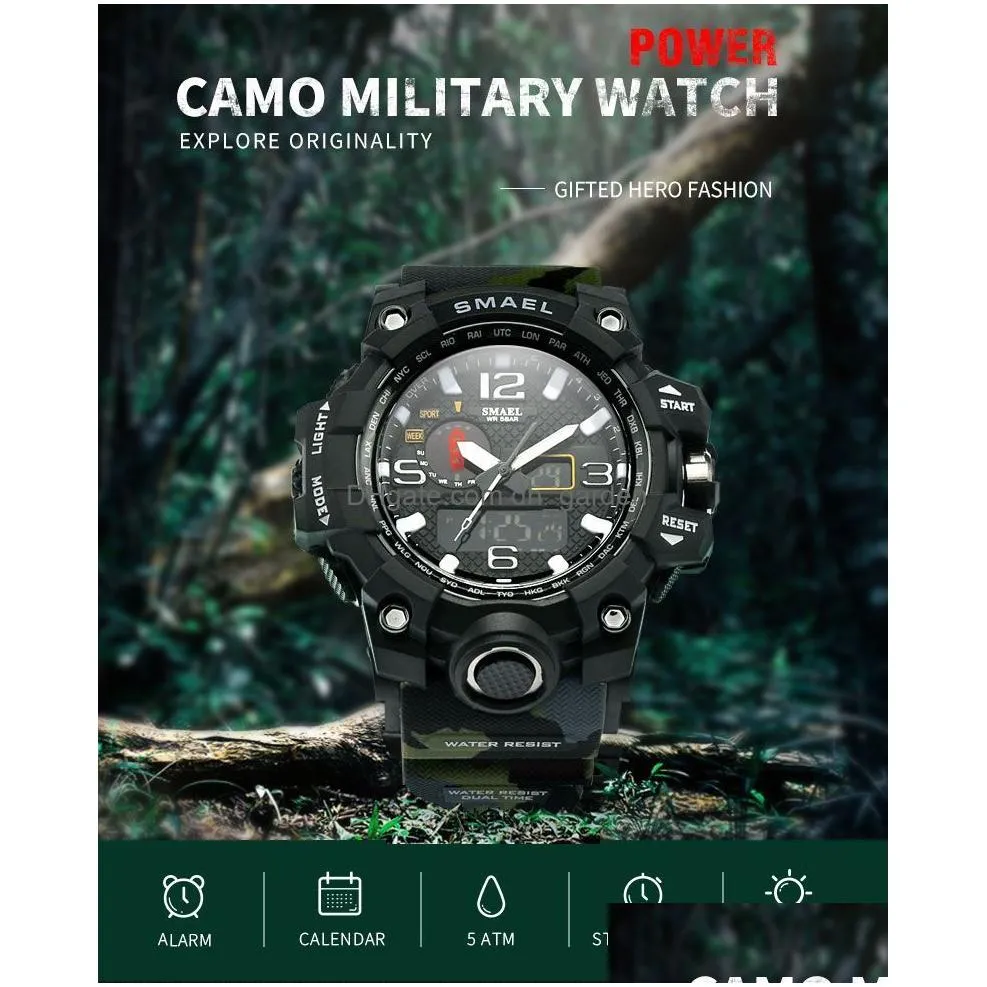 Wristwatches Smael Fashion Sport Watch Men Alarm Clock Camouflage Waterproof Week Display Watches Digital Wristwatch Relo Ma Dhgarden Ot8Bt