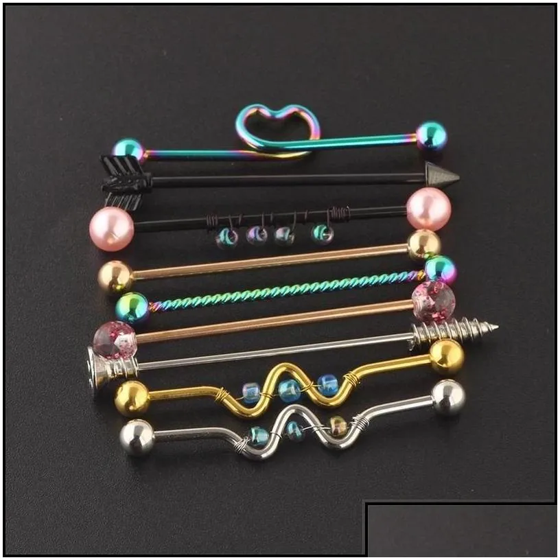 Navel Bell Button Rings 9Pc 14G Industrial Barbell Navel Piercing Ear Cartilage Helix Stud Straight Long Bar Earring Body Dhgarden