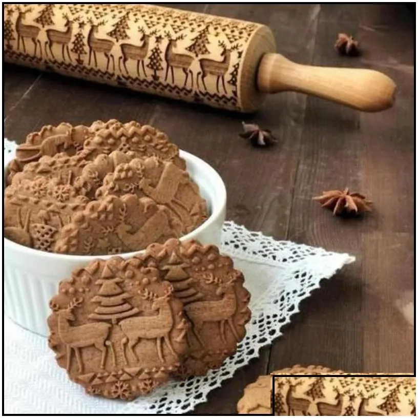 Rolling Pins & Pastry Boards Rolling Pins Pastry Boards Christmas Embossed Pin Engraved Carved Wood Baking Biscuit Fondant Cake Dough Dhbsr