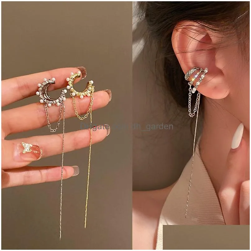 Ear Cuff Luxury Mti-Layer Clip Earrings For Women Geometric Shiny Zircon Pearl Ear Bone No Pierced Long Chain Tassel Earring Dhgarden Otqcb