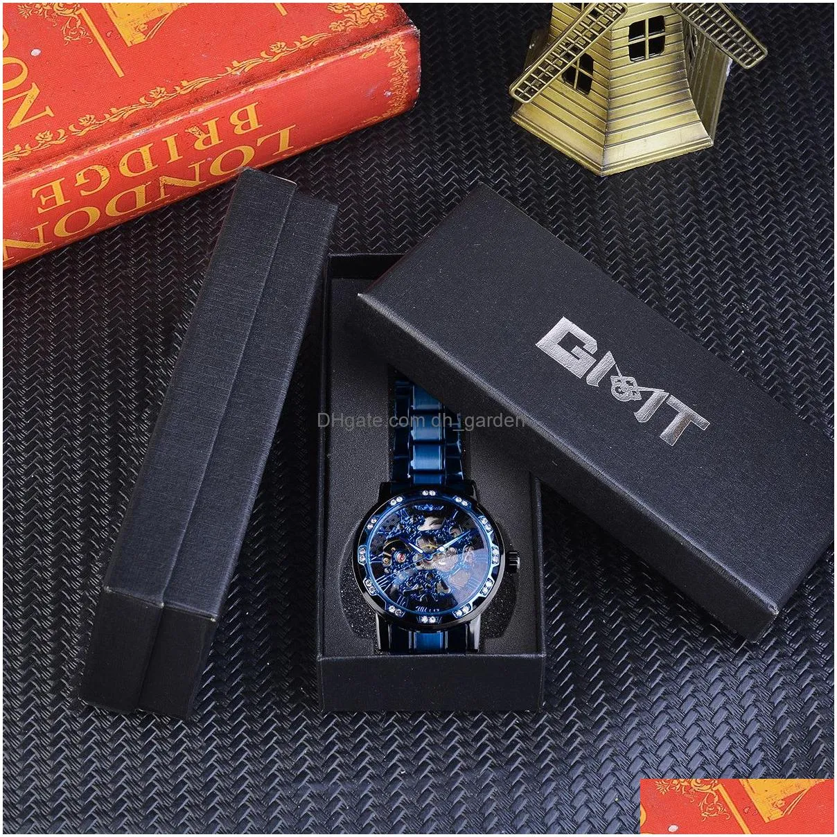 Wristwatches Winner Transparent Diamond Mechanical Watch Blue Stainless Steel Skeleton Watchestop Brand Luxury Business Lumi Dhgarden Ot8Ix