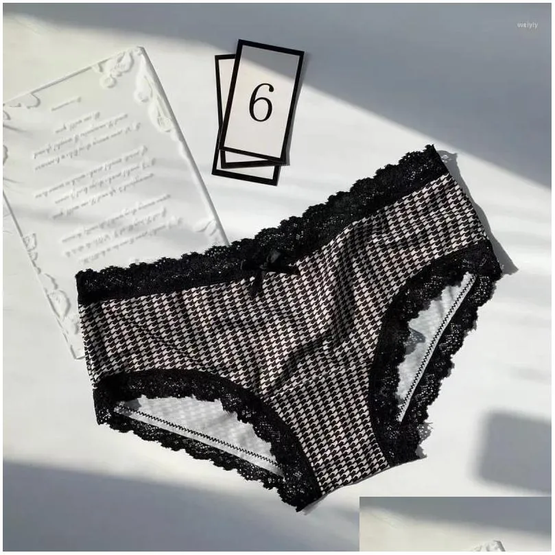 Women`s Panties Japanese Luxury Houndstooth Design Underwear Low Waist Lace Bow Silky Girl Briefs Seamless