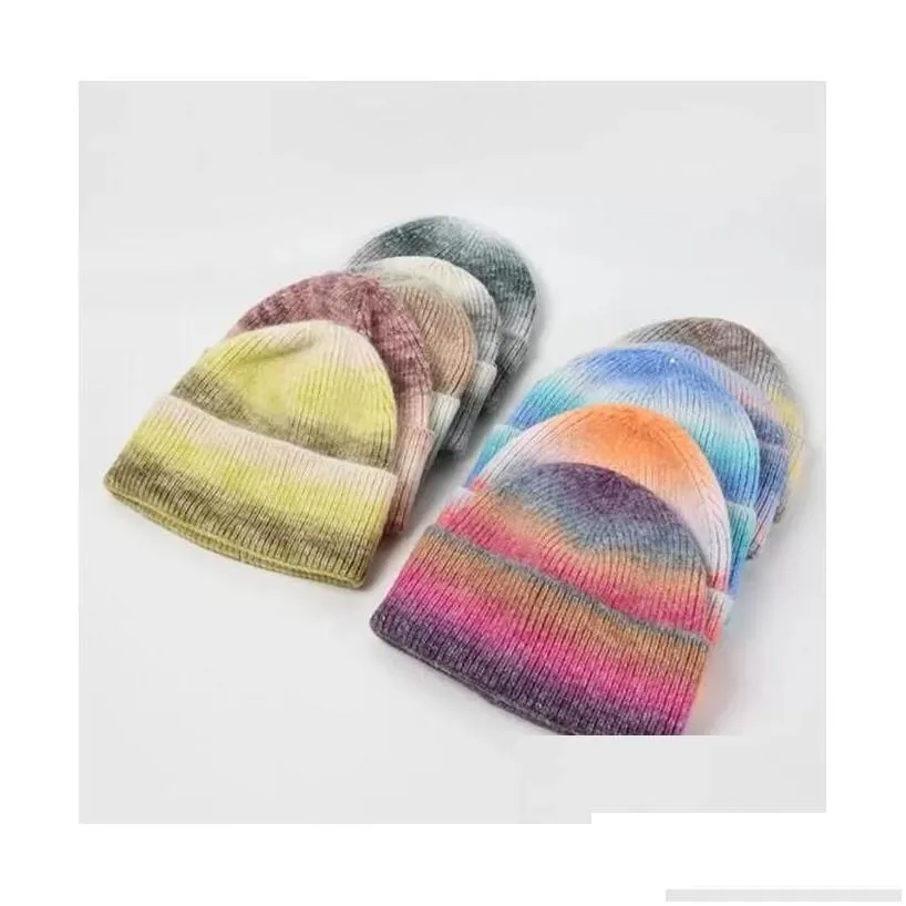 Many Colors Tie Dye Knitted Beanies Women Autumn Winter Thick Warm Hat Rainbow Hats Girl Outdoor Cap