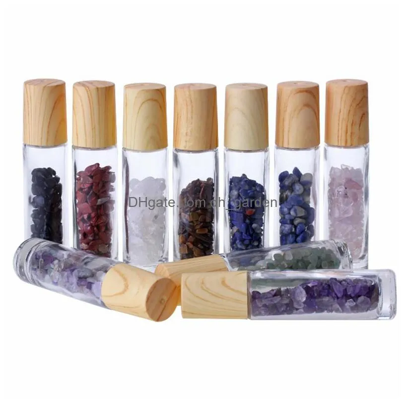 essential oil diffuser 10ml clear glass roll on perfume bottles with crushed natural crystal quartz stone crystals roller ball wood grain