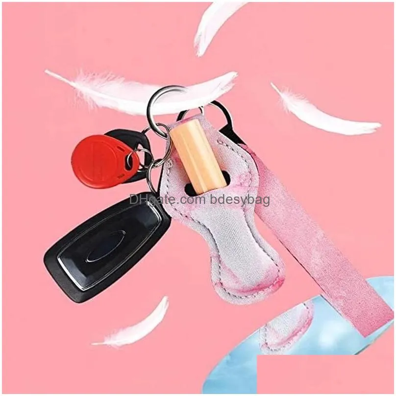 marbling chapstick holder keychains with wristlet lanyard neoprene lipstick holder keychain best party gifts wholesale lx0315