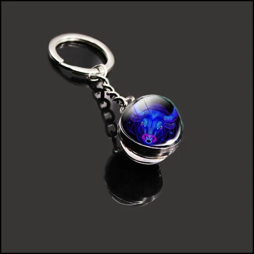 party favor 12 constellation time gem key pendant doublesided glass ball metal key charm wedding keyring chain buckle birthday valentines day