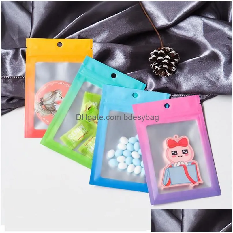 colorful clear window self seal bag with hang hole tear notch biscuits candy food tea reusable storage packaging pouches lx4228