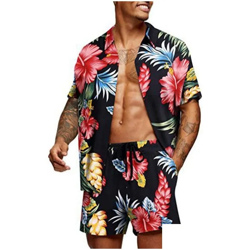 mens tracksuits 2023 summer hawaii trend printing sets men shorts shirt clothing casual round collar floral beach short sleeve suit