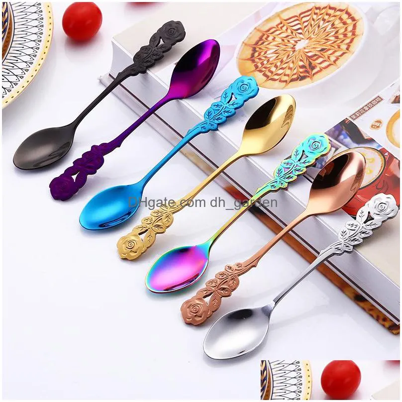 creative rose stainless steel mixing spoons household coffee scoop portable dessert spoon kitchen bar tableware 7 colors