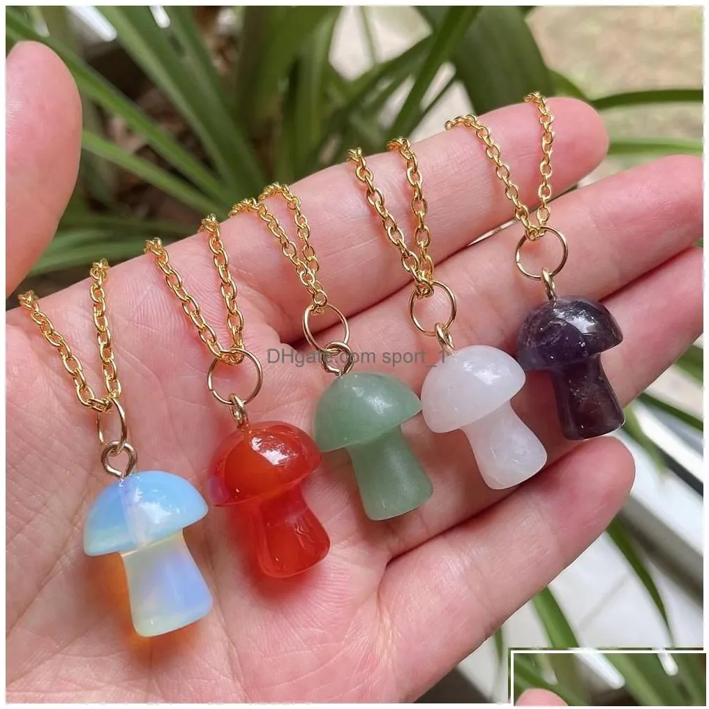 Pendant Necklaces Healing Natural Crystal Necklace Lovely Mushroom Charm Carnelian Opal Pink Purple Fashion Women Jewelry Drop Deliv