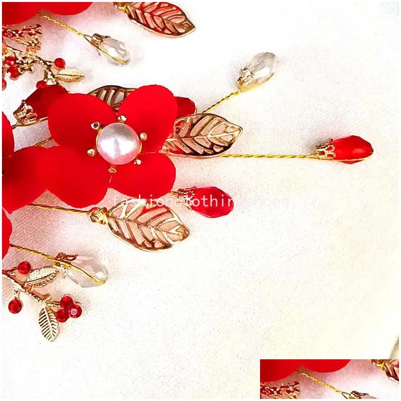 red flower hair clips simple pearl crystal hairpins women barrette wedding marriage bride headwear fashion hair accessories