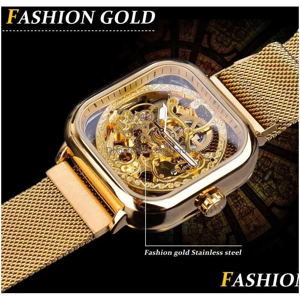 Wristwatches Forsining Men Mechanical Watches Matic Self-Wind Golden Transparent Fashion Mesh Steel Wristwatch Skeleton Man Dhgarden Othst
