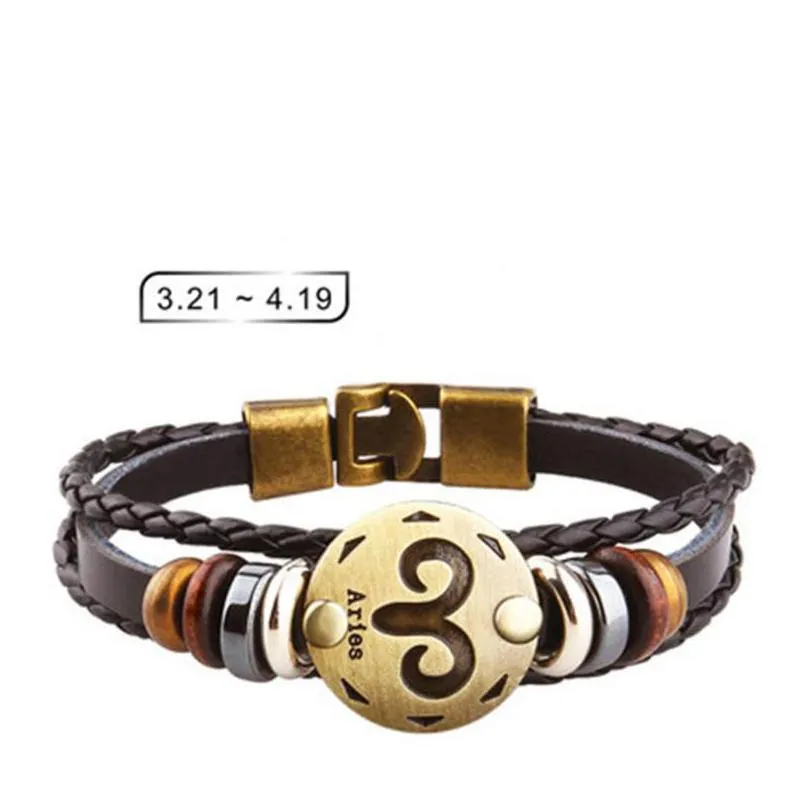 charm bracelets 12 constellation woven leather bracelet for women men vintage punk braided antifatigue alloy jewelry gift wholesale