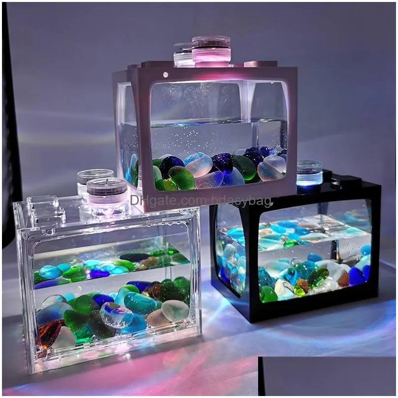 Aquariums Mini Aquarium Fish Tank With Led Lights Home Office Decoration Feeding Box Aquariums Accessories Drop Delivery Home Garden P Dhgfq