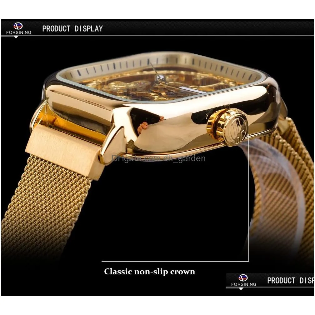 Wristwatches Forsining Men Mechanical Watches Matic Self-Wind Golden Transparent Fashion Mesh Steel Wristwatch Skeleton Man Dhgarden Othst