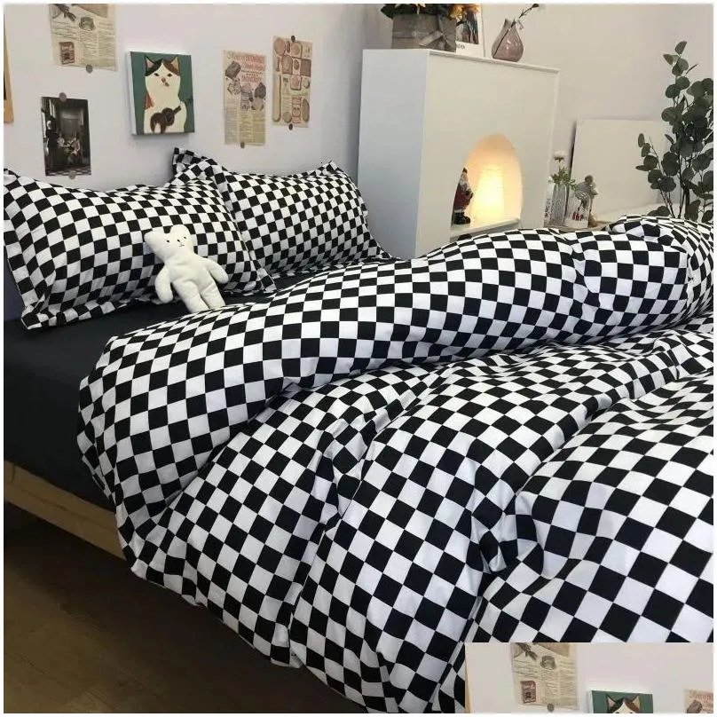 Bedding Sets Bedding Sets Nordic Pink Black Checkerboard Duvet Er With Pillow Case Bed Sheet Kids Girls King Queen Twin Kawaii Drop De Dhhqn