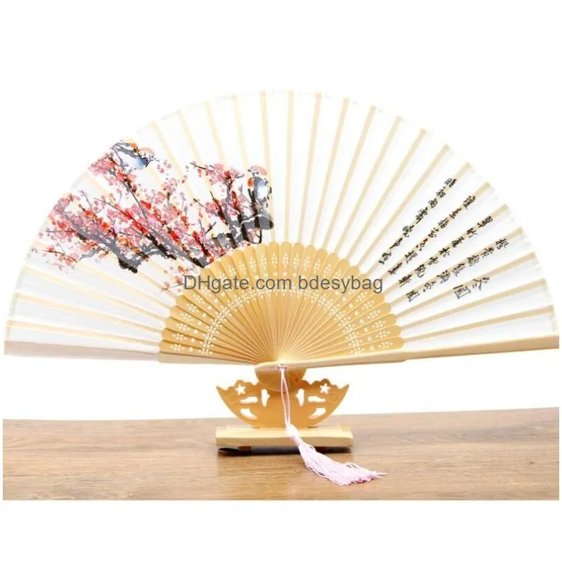 Party Favor Vintage Party Favor Silk Folding Fan Retro Chinese Japanese Bamboo Fold Tassel Dance Hand Fans Home Decoration Ornament Cr Dhhd5
