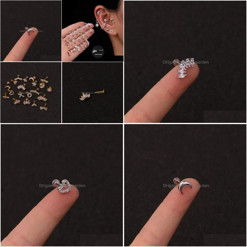 Stud New 1Pc Sier Color Stainless Steel Ear Cartilage Helix Screw Back Earring Stud Cz Tragus Rook Conch Piercing Jewelry Dr Dhgarden Otbha