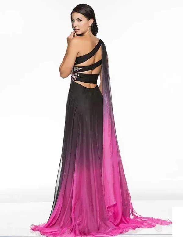 Gradient Ombre Prom Dresses Side Split Evening Formal Gown One-Shoulder Party Dress Crystal Waist Modern Women Pageant Gowns
