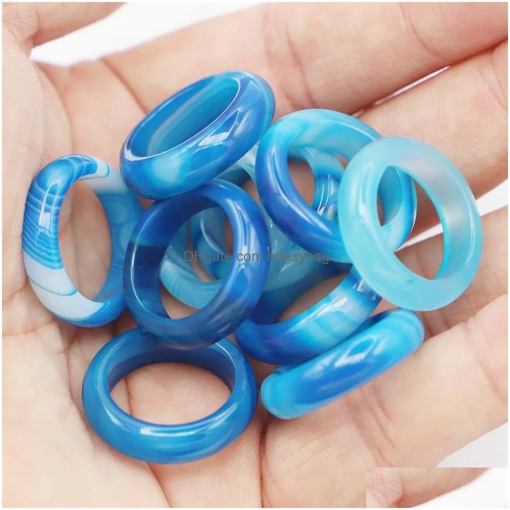 6mm band blue stripe agate stone rings women wedding finger ring size 17mm