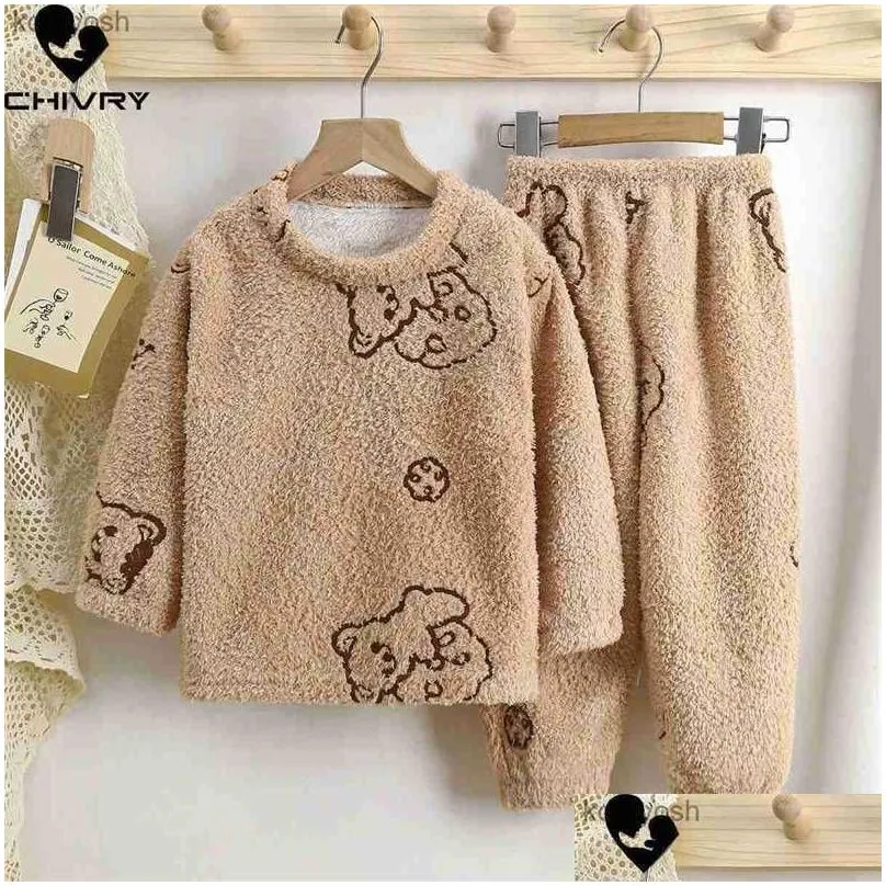 Pajamas New Kids Autumn Winter Thicken Warm Flannel Pajamas Cute Cartoon O-neck Clothing Sets Baby Boys Girls Sleepwear Toddler