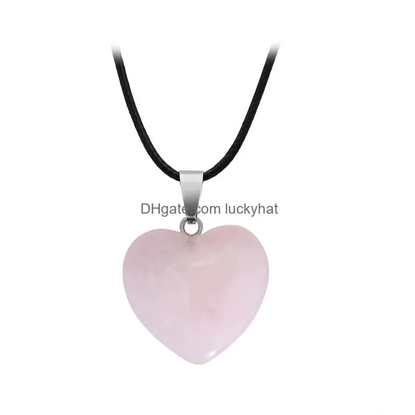 Pendant Necklaces Natural Crystal Stone Pendant Necklace Hand Carved Creative Heart Shaped Gemstone Necklaces Fashion Accessory Gift W Dhpmq