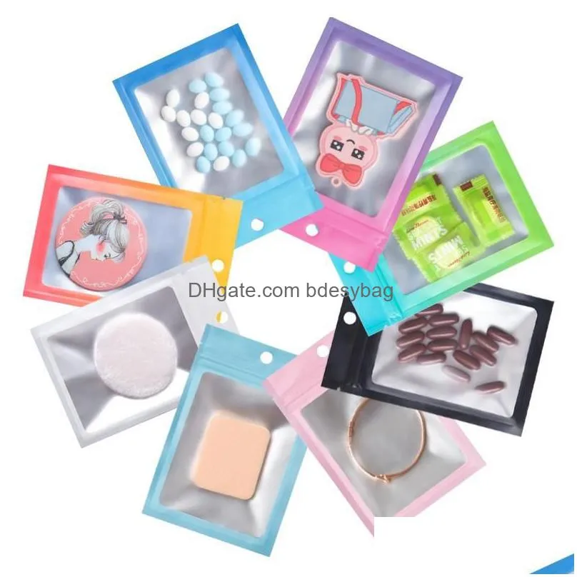 colorful clear window self seal bag with hang hole tear notch biscuits candy food tea reusable storage packaging pouches lx4228