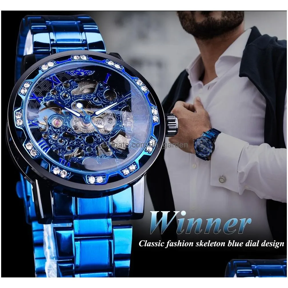 Wristwatches Winner Transparent Diamond Mechanical Watch Blue Stainless Steel Skeleton Watchestop Brand Luxury Business Lumi Dhgarden Ot8Ix