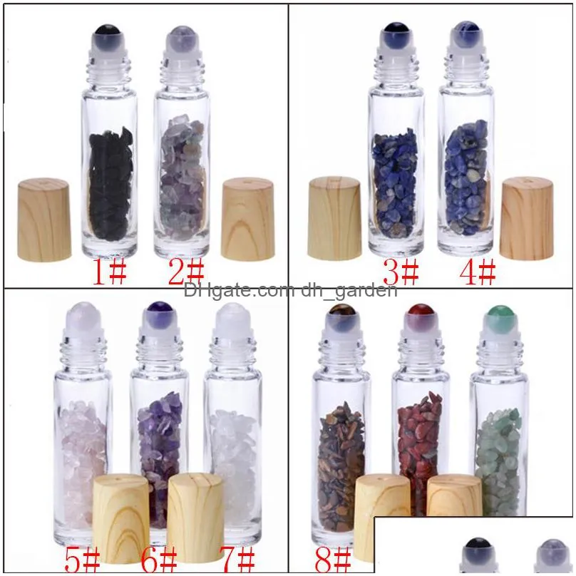  oil diffuser 10ml clear glass roll on perfume bottles with crushed natural crystal quartz stone crystals roller ball wood grain