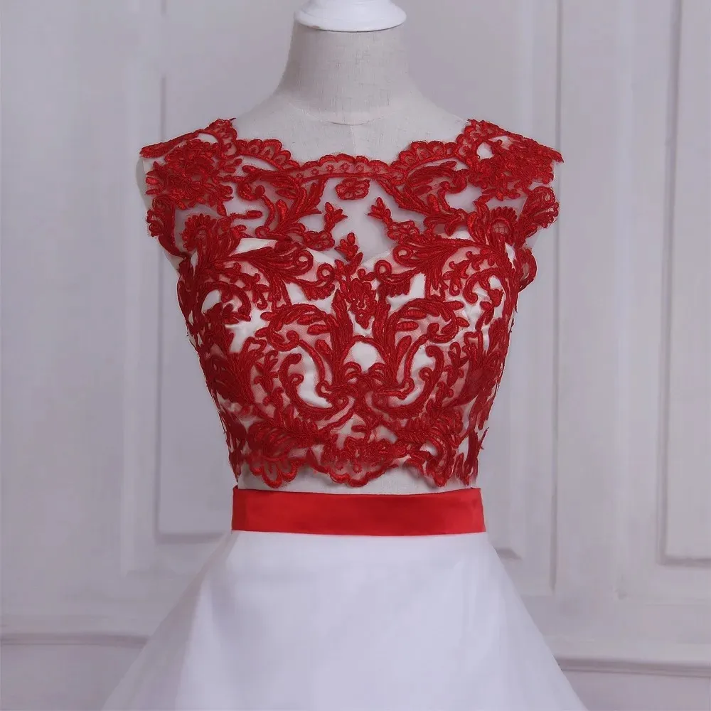 Red And White Ball Gown Prom Dresses Two Pieces New Cheap Jewel Neck Lace Applique 3D Floral Flowers Tulle Long Evening Formal Dress
