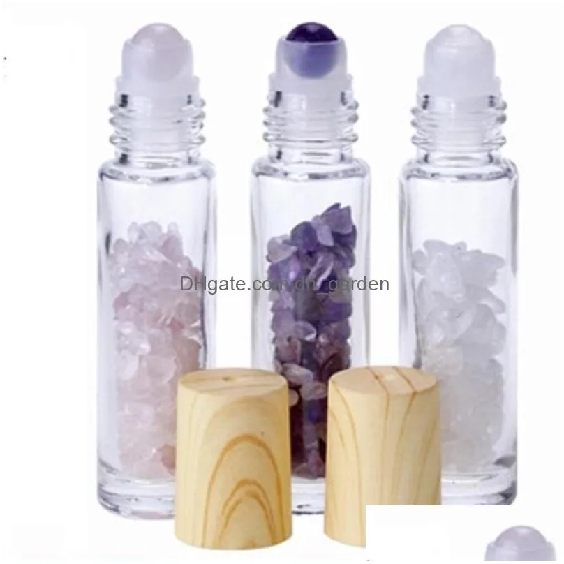 essential oil diffuser 10ml clear glass roll on perfume bottles with crushed natural crystal quartz stone crystals roller ball wood grain