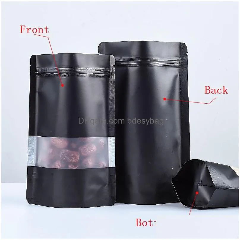 9 size black stand up aluminium foil bag with clear window plastic pouch zipper reclosable food storage packaging bag lx2688
