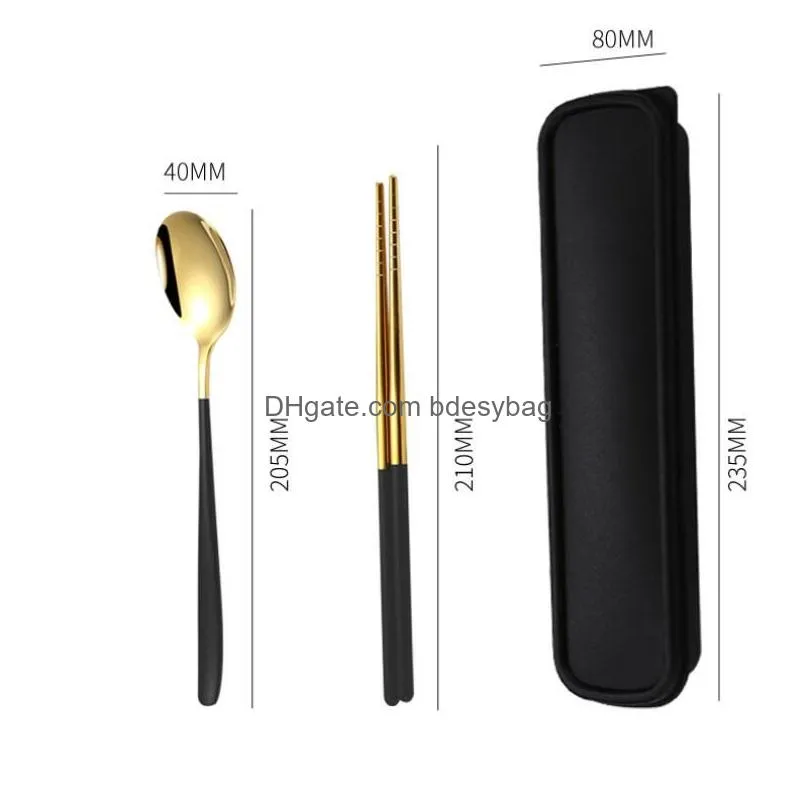 Flatware Sets Cutlery Set Travel Portable Box Flatware Stainless Steel Spoons Chopsticks Dinnerware Sets Kitchen Tableware Drop Delive Dhntk